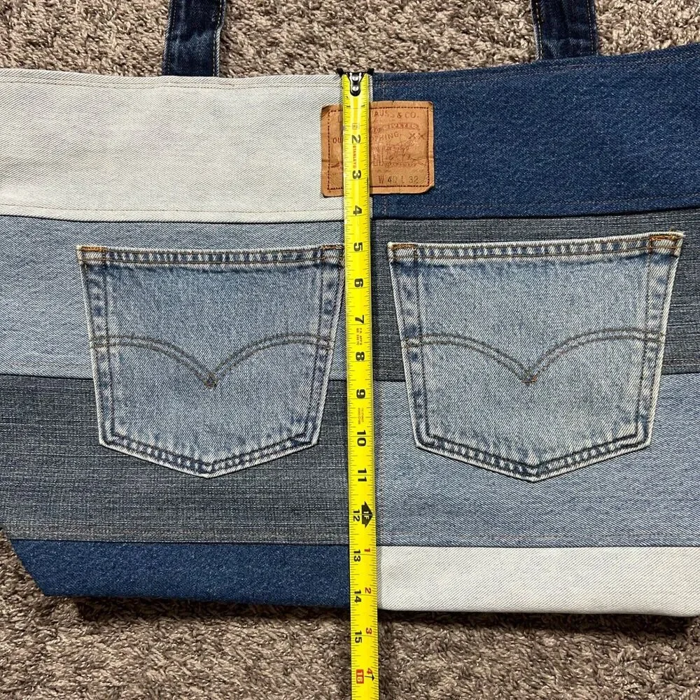 Handmade Patchwork Denim Bag Oversized Tote Shoulder Bag 16x6x14.5 Blue